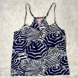 Lilly Pulitzer Silk Dusk Tank Navy White Umbrellas